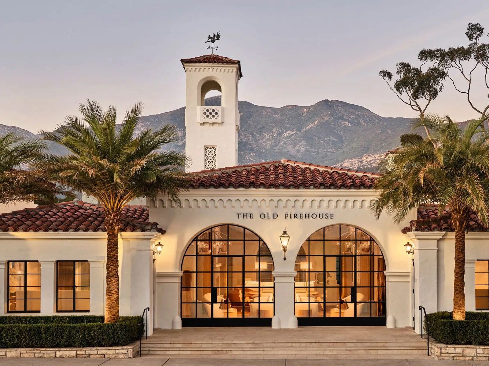 The Old Firehouse building in Montecito at dusk